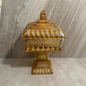 Vintage Candy Dish Iridescent Carnival Glass Lidded Pedestal Wedding Cake Box‎